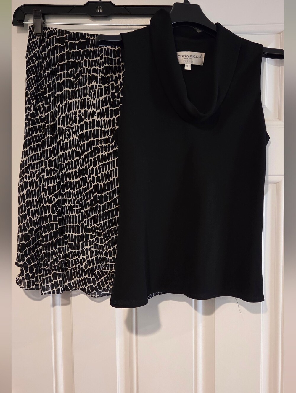 Donna Ricco Black Sleeveless Cowl Neck Top With Black And White Matching Skirt
